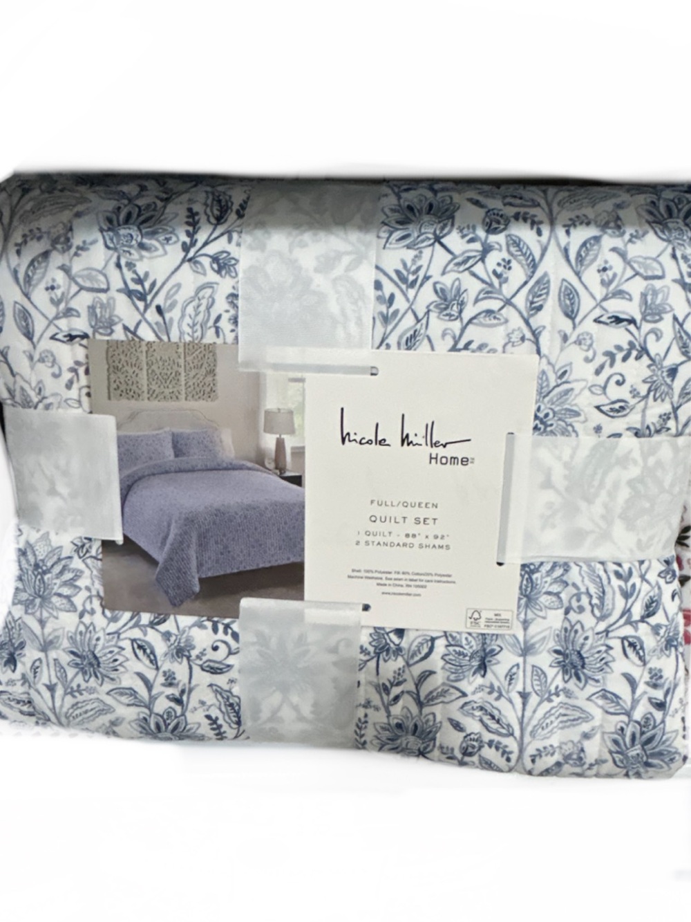 Nicole Miller Cotton Blue and White Full/Queen Quilt Set 88”x92”